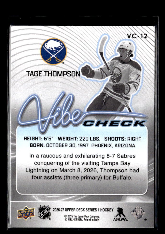 2026-27 Upper Deck Series 1 Hockey Vibe Check #VC-12 Tage Thompson (2)
