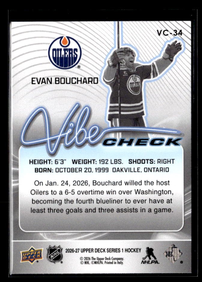 2026-27 Upper Deck Series 1 Hockey Vibe Check #VC-34 Evan Bouchard (2)