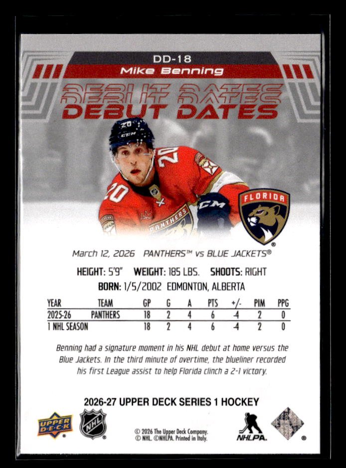 2026-27 Upper Deck Series 1 Hockey Debut Dates #DD-18 Mike Benning (2)