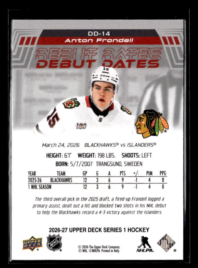 2026-27 Upper Deck Series 1 Hockey Debut Dates Rookie #DD-14 Anton Frondell (2)