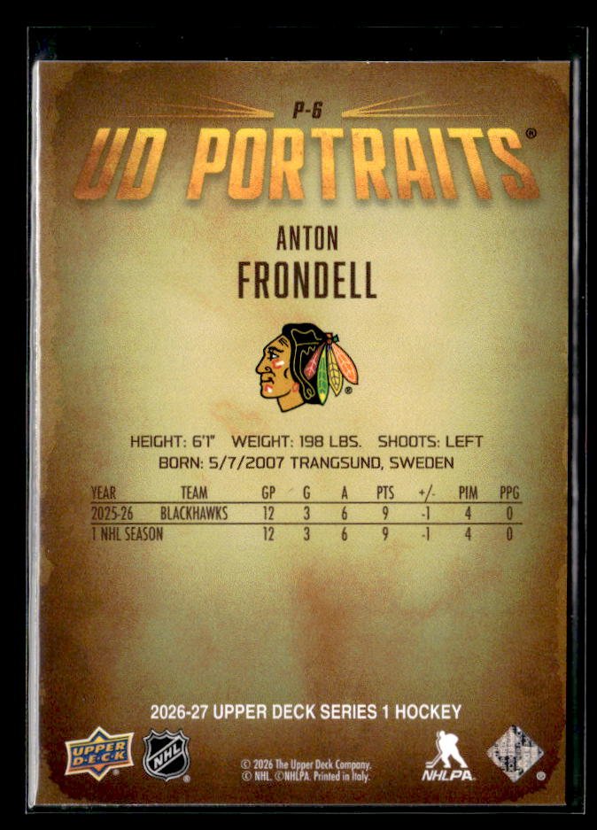 2026-27 Upper Deck Series 1 Hockey UD Portraits #P-5 Anton Frondell (2)