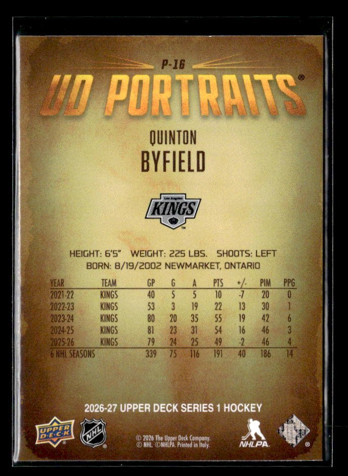 2026-27 Upper Deck Series 1 Hockey UD Portraits #P-16 Quinton Byfield (2)