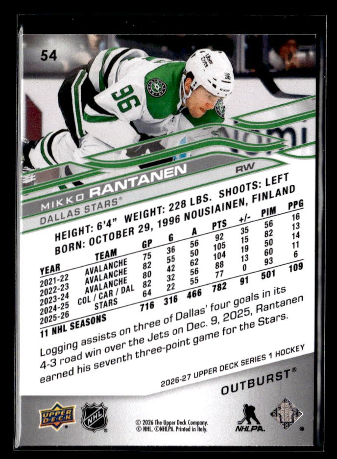 2026-27 Upper Deck Series 1 Hockey Outburst #54 Mikko Rantanen (2)