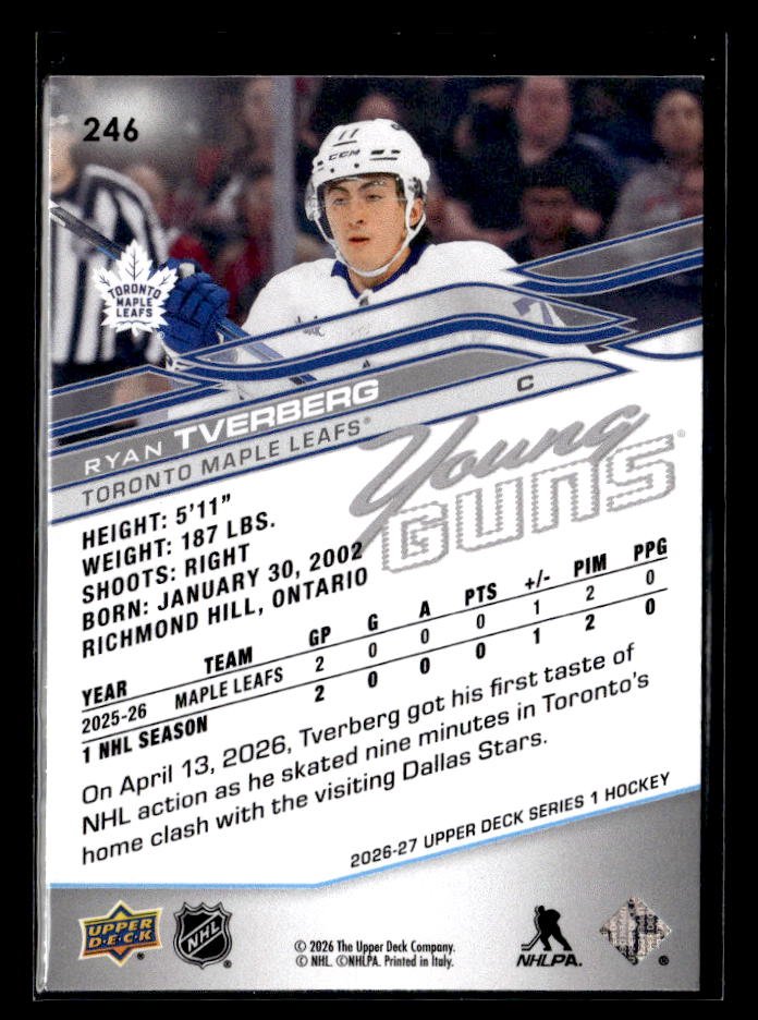 2026-27 Upper Deck Series 1 Hockey Young Guns Rookie #246 Ryan Tverberg (2)