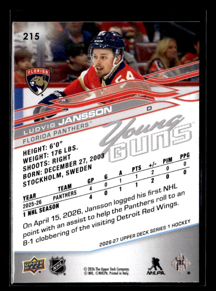 2026-27 Upper Deck Series 1 Hockey Young Guns Rookie #215 Ludvig Jansson (2)