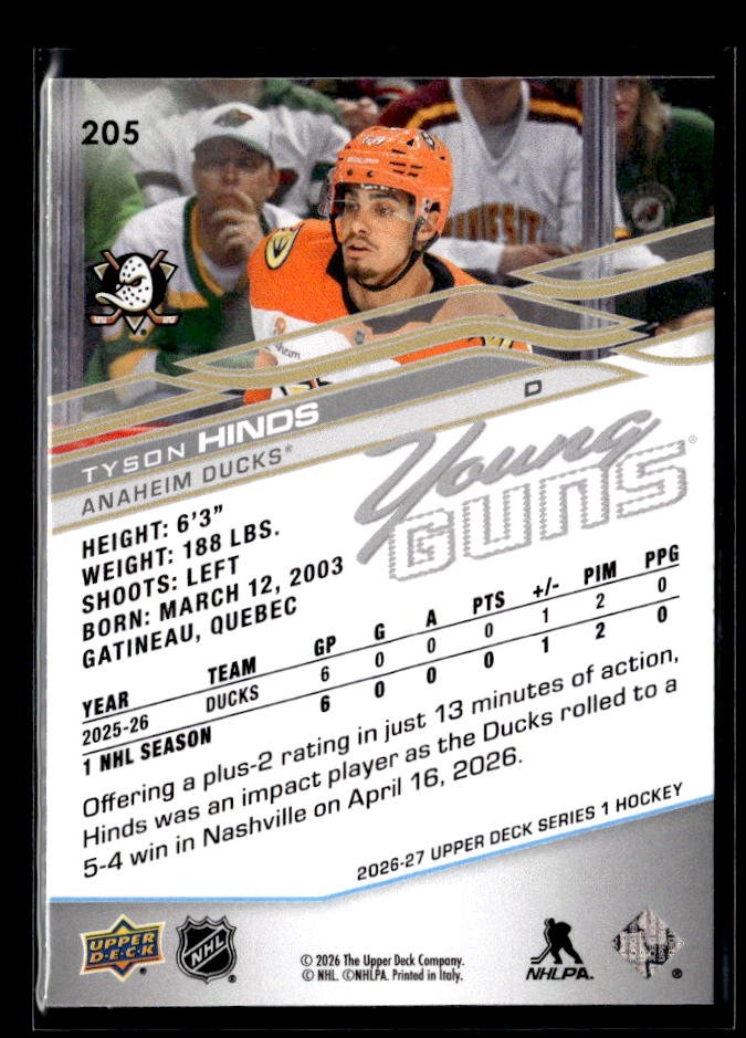 2026-27 Upper Deck Series 1 Hockey Young Guns Rookie #205 Tyson Hinds (2)