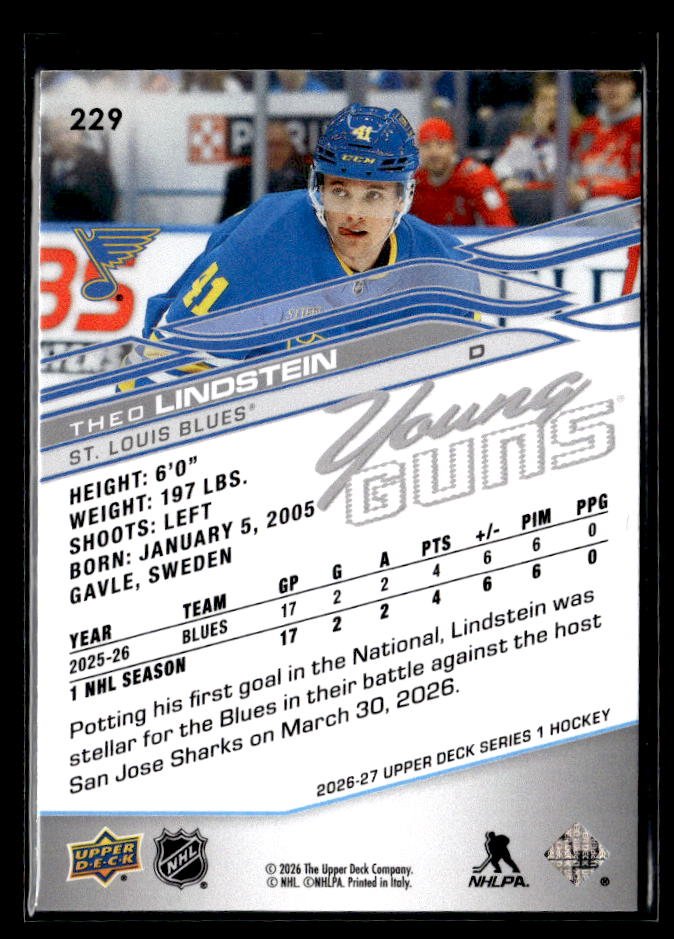 2026-27 Upper Deck Series 1 Hockey Young Guns Rookie #229 Theo Lindstein (2)