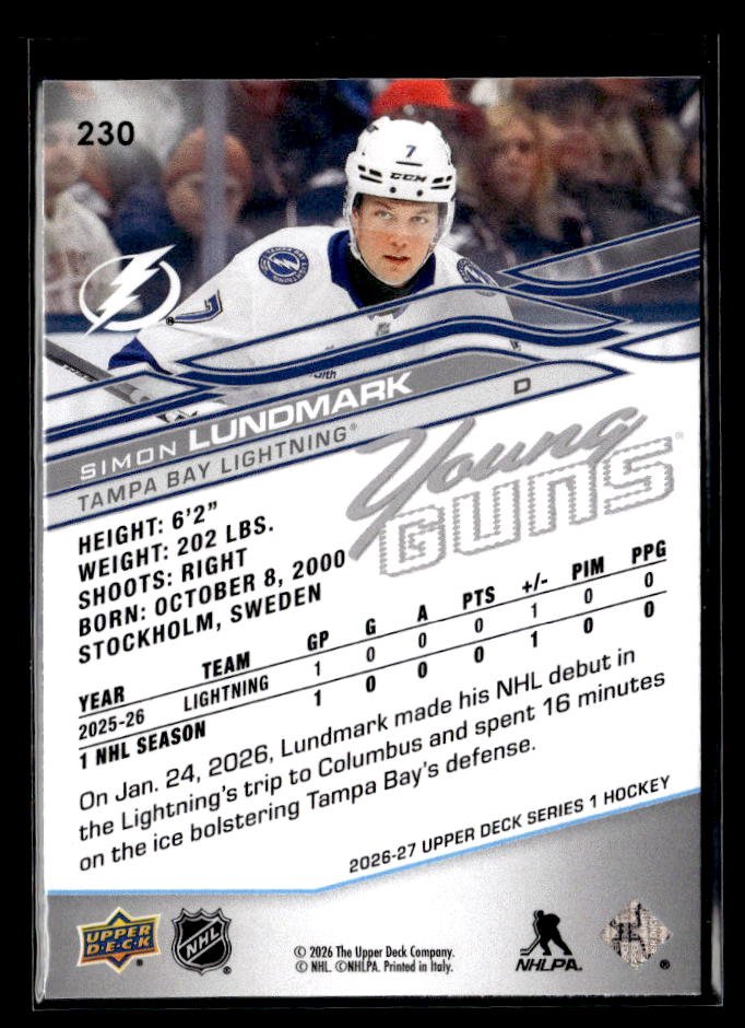 2026-27 Upper Deck Series 1 Hockey Young Guns Rookie #230 Simon Lundmark (2)