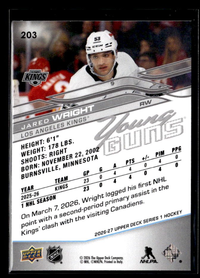 2026-27 Upper Deck Series 1 Hockey Young Guns Rookie #203 Jared Wright (2)