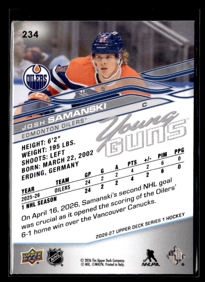 2026-27 Upper Deck Series 1 Hockey Young Guns Rookie #234 Josh Samanski (2)