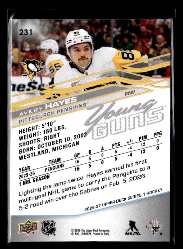 2026-27 Upper Deck Series 1 Hockey Young Guns Rookie #231 Avery Hayes (2)