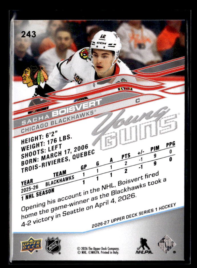 2026-27 Upper Deck Series 1 Hockey Young Guns Rookie #243 Sacha Boisvert (2)