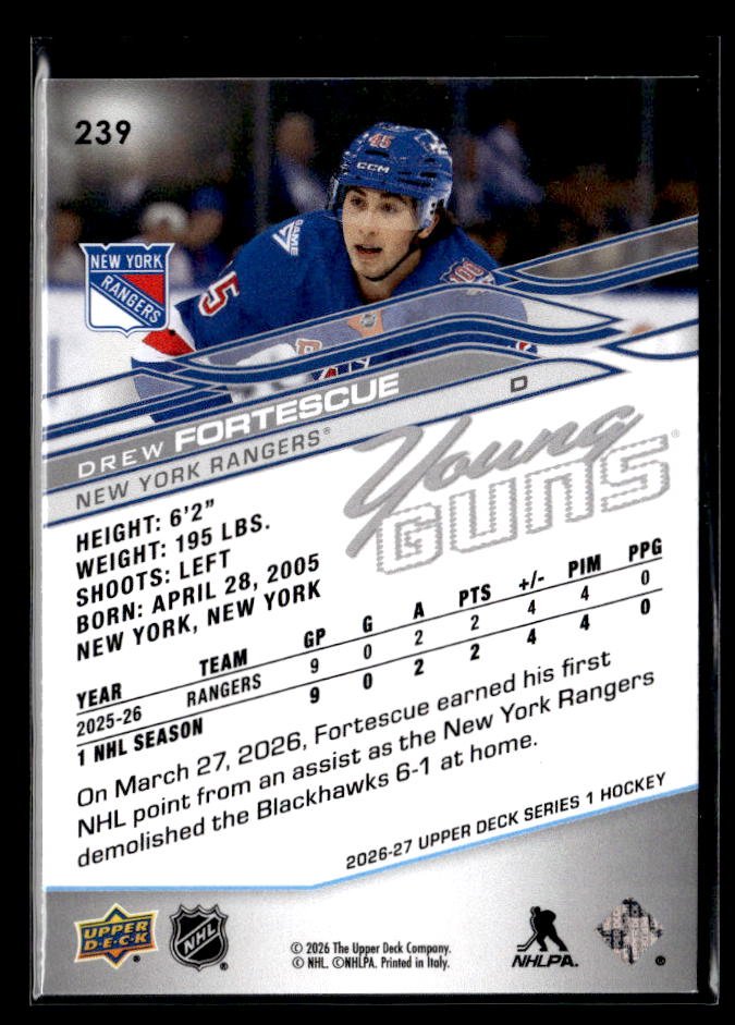 2026-27 Upper Deck Series 1 Hockey Young Guns Rookie #239 Drew Fortescue (2)