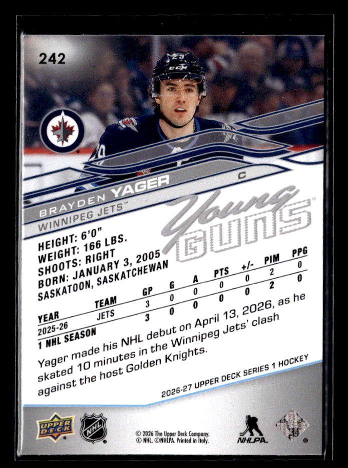 2026-27 Upper Deck Series 1 Hockey Young Guns Rookie #242 Brayden Yager (2)