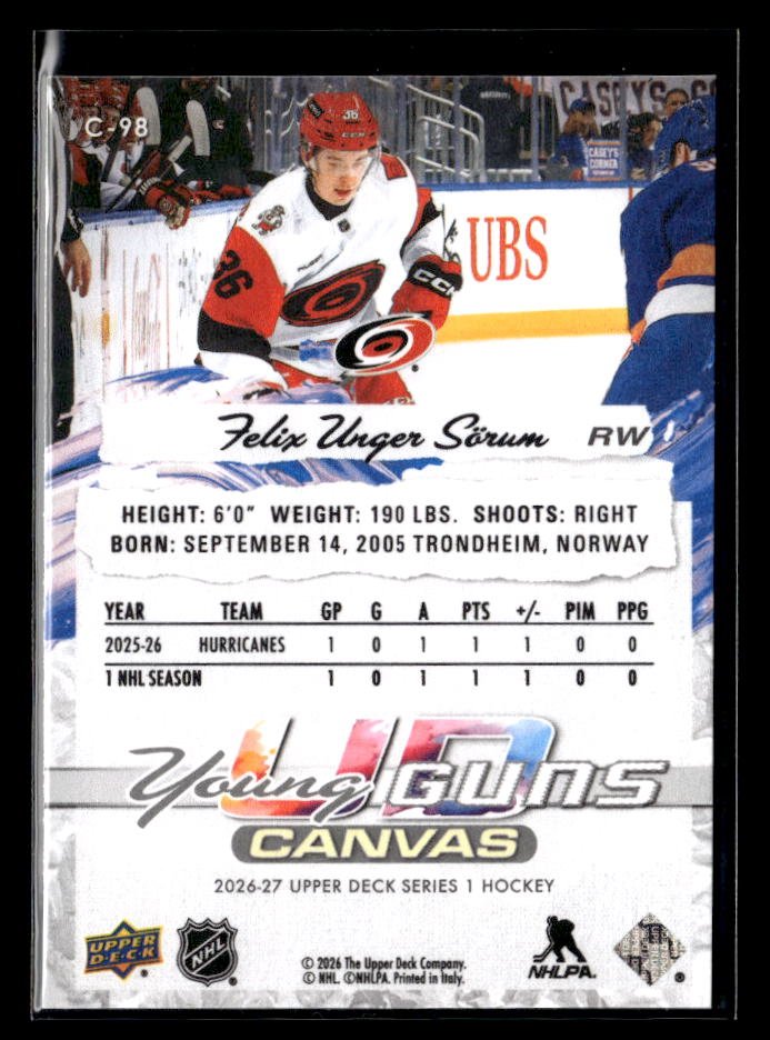 2026-27 Upper Deck Series 1 Hockey Canvas Rookie #C-98 Felix Unger Sörum (2)