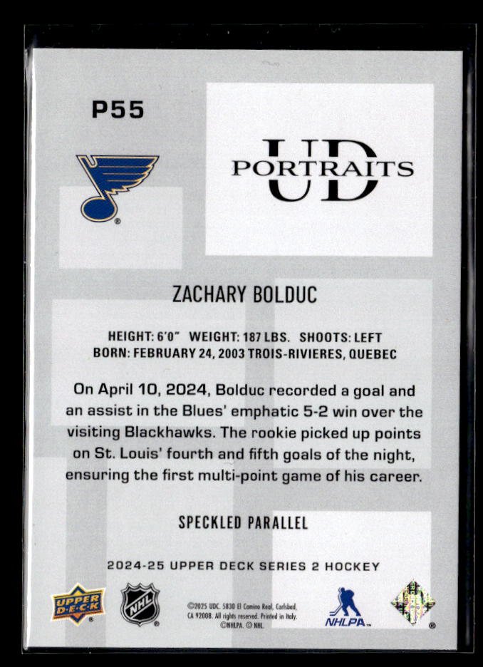 2024-25 Upper Deck Series 2 Hockey Portraits Speckled #P-55 Zachary Bolduc (2)