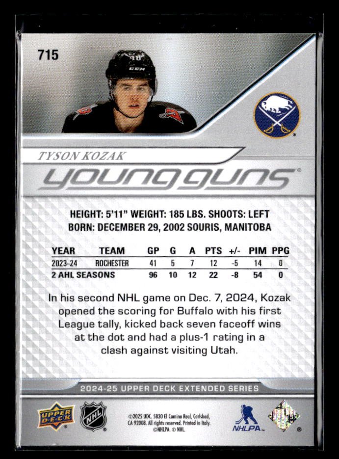 2024-25 Upper Deck Extended Series Hockey Young Guns Rookie #715 Tyson Kozak (2)