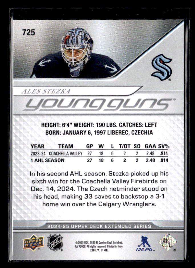 2024-25 Upper Deck Extended Series Hockey Young Guns Rookie #725 Ales Stezka (2)
