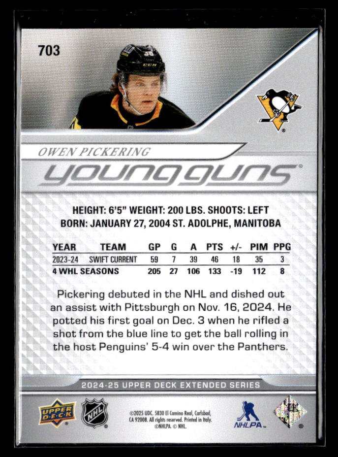 2024-25 Upper Deck Extended Series Hockey Young Guns Rookie #703 Owen Pickering (2)