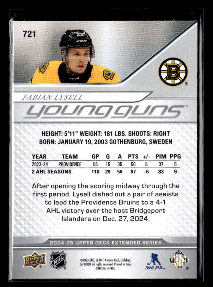 2024-25 Upper Deck Extended Series Hockey Young Guns Rookie #721 Fabian Lysell (2)