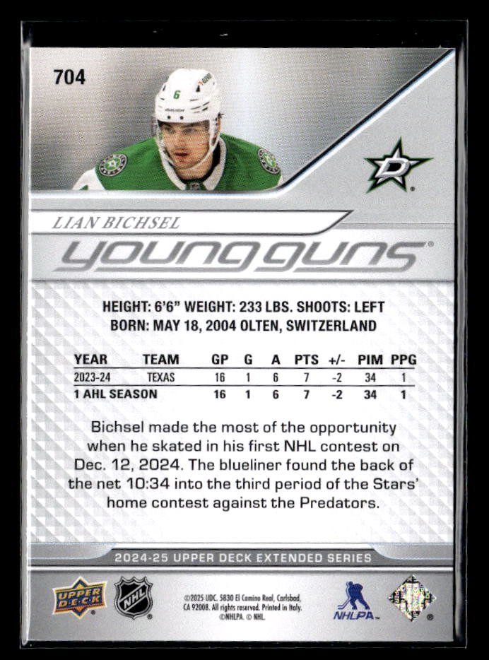 2024-25 Upper Deck Extended Series Hockey Young Guns Rookie #704 Lian Bichsel (2)