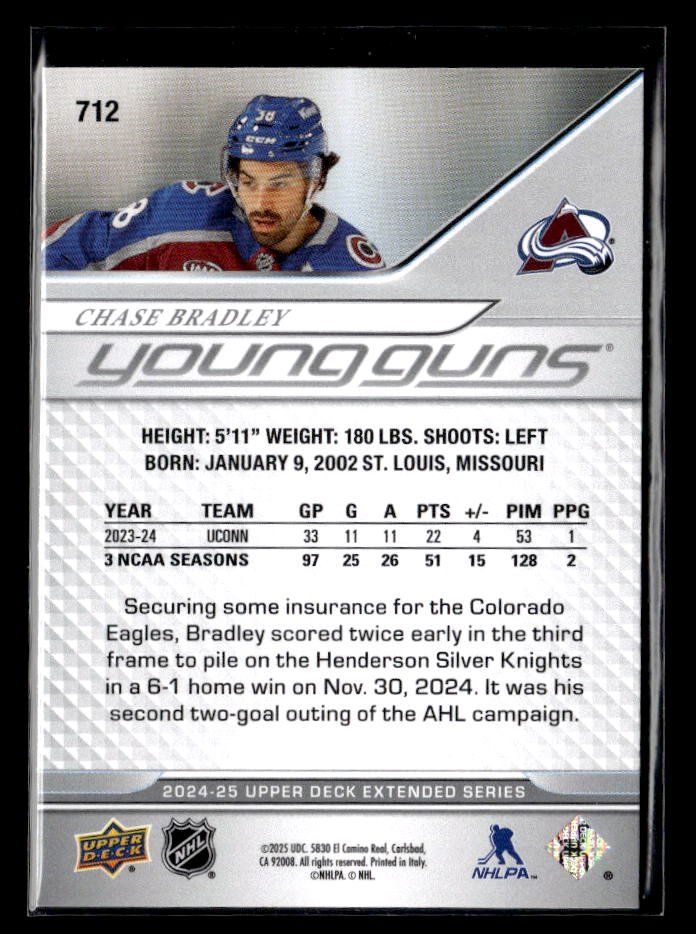 2024-25 Upper Deck Extended Series Hockey Young Guns Rookie #712 Chase Bradley (2)