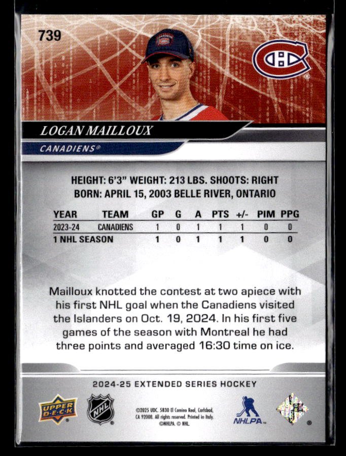 2024-25 Upper Deck Extended Series Hockey 1st Round Rookie Logan Mailloux RC (2)