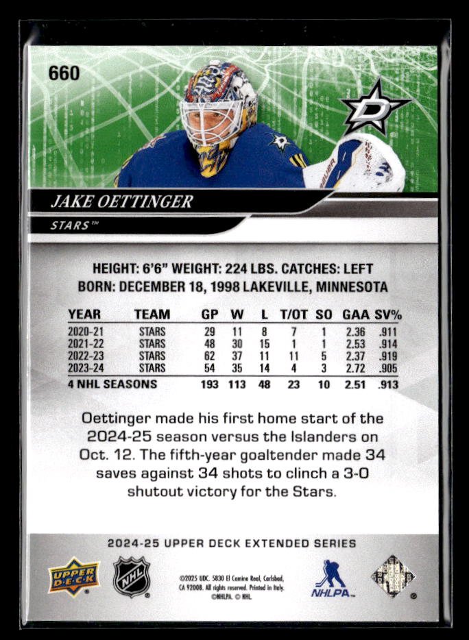 2024-25 Upper Deck Extended Series Hockey Deluxe #660 Jake Oettinger /250 (2)