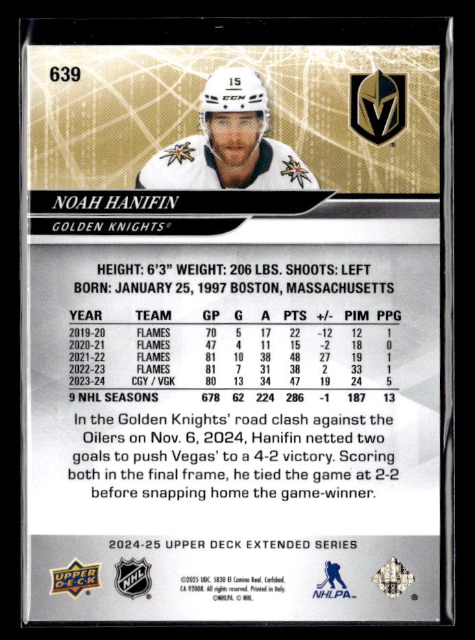 2024-25 Upper Deck Extended Series UD Exclusives #639 Noah Hanifin /100 (2)