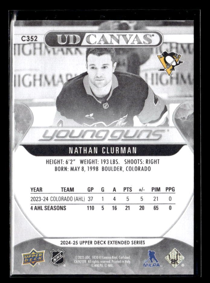 2024-25 Upper Deck Extended Series Young Guns Canvas B & W Nathan Clurman (2)