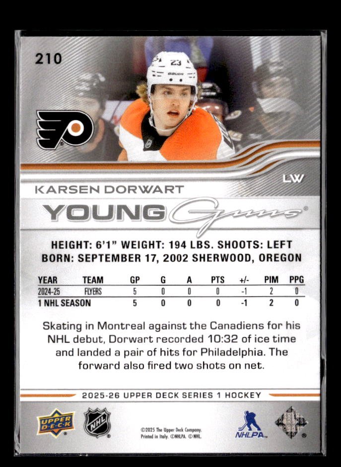 2025-26 Upper Deck Series 1 Hockey Young Guns Rookie #210 Karsen Dorwart (2)