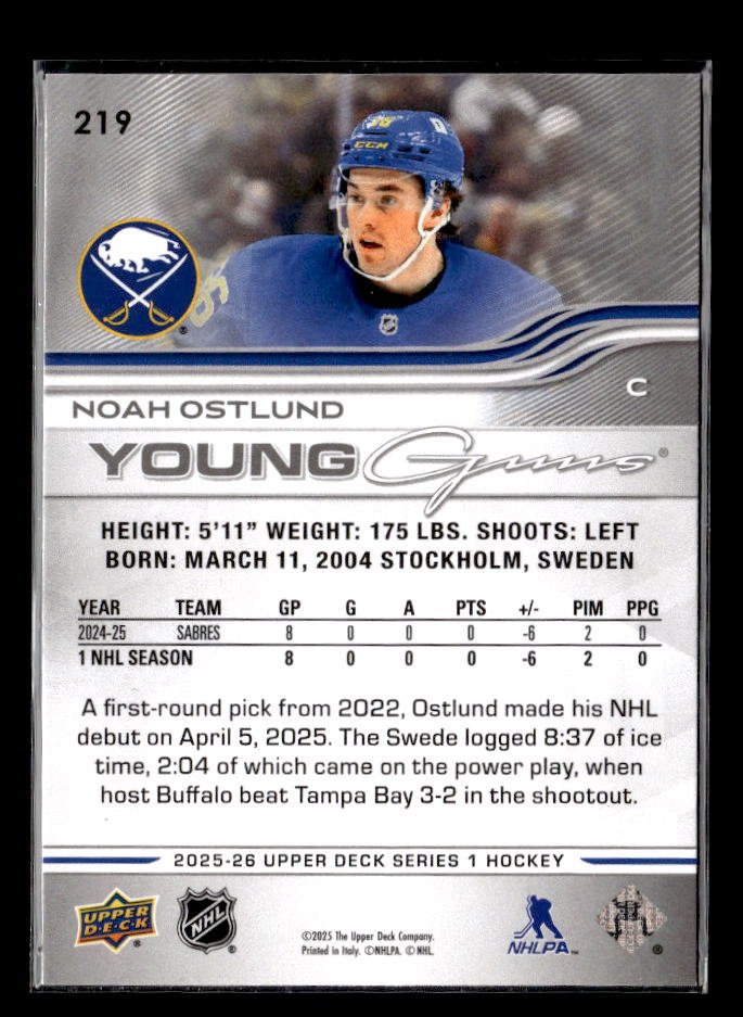2025-26 Upper Deck Series 1 Hockey Young Guns Rookie #219 Noah Ostlund (2)