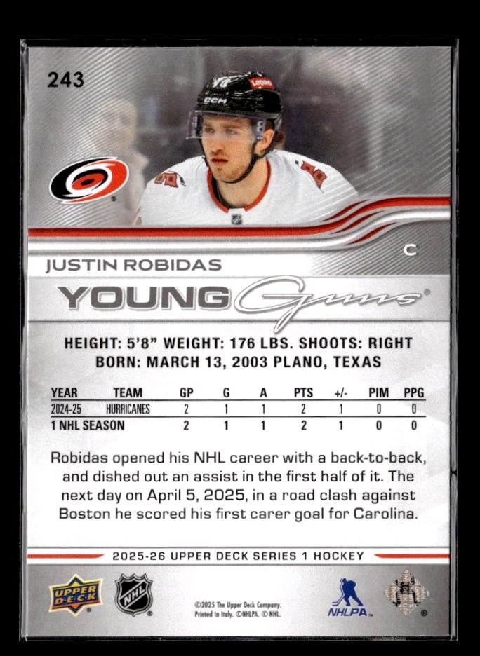 2025-26 Upper Deck Series 1 Hockey Young Guns Rookie #243 Justin Robidas (2)
