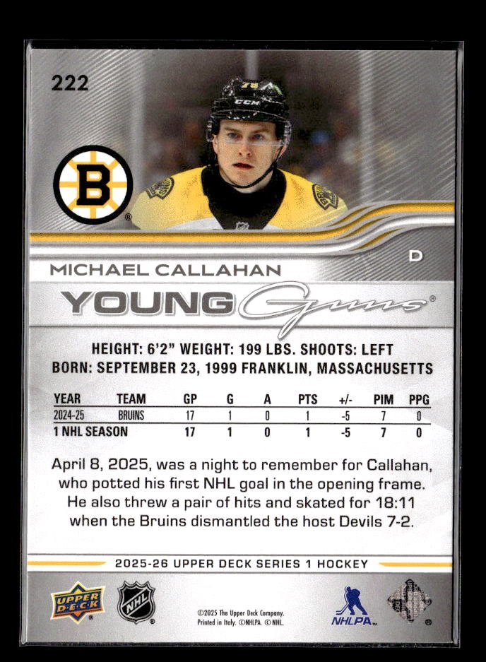 2025-26 Upper Deck Series 1 Hockey Young Guns Rookie #222 Michael Callahan (2)