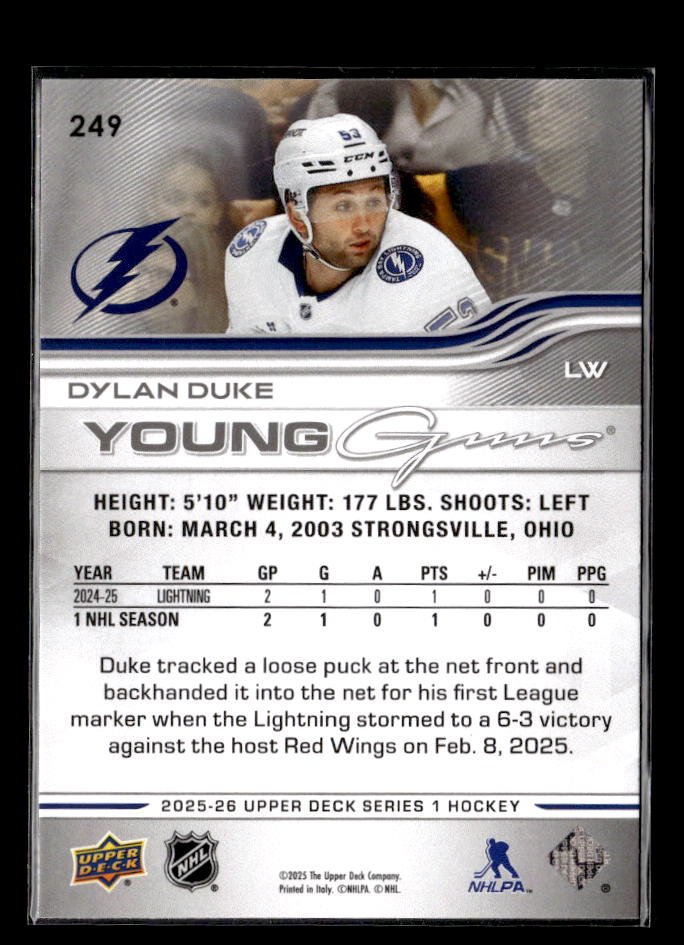 2025-26 Upper Deck Series 1 Hockey Young Guns Rookie #249 Dylan Duke (2)