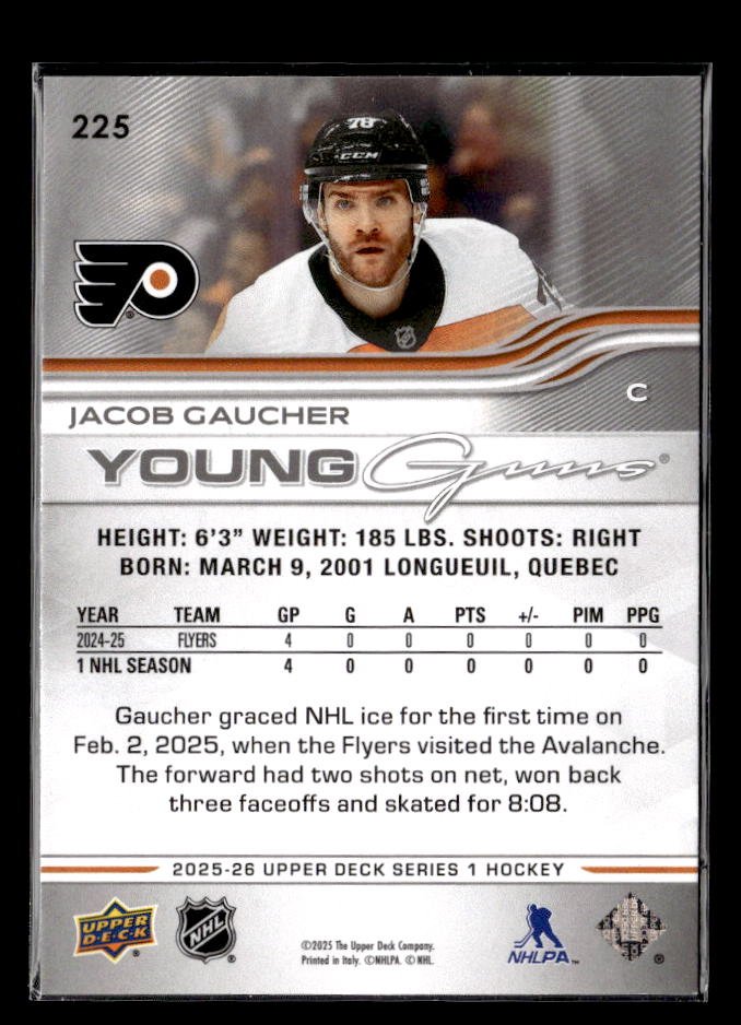 2025-26 Upper Deck Series 1 Hockey Young Guns Rookie #225 Jacob Gaucher (2)