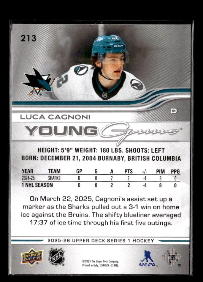 2025-26 Upper Deck Series 1 Hockey Young Guns Rookie #213 Luca Cagnoni (2)