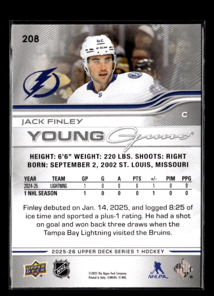 2025-26 Upper Deck Series 1 Hockey Young Guns Rookie #208 Jack Finley (2)
