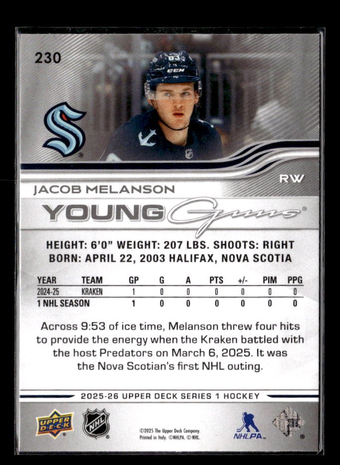 2025-26 Upper Deck Series 1 Hockey Young Guns Rookie #230 Jacob Melanson (2)