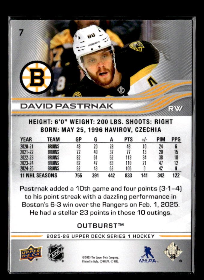 2025-26 Upper Deck Series 1 Hockey Outburst #7 David Pastrnak (2)