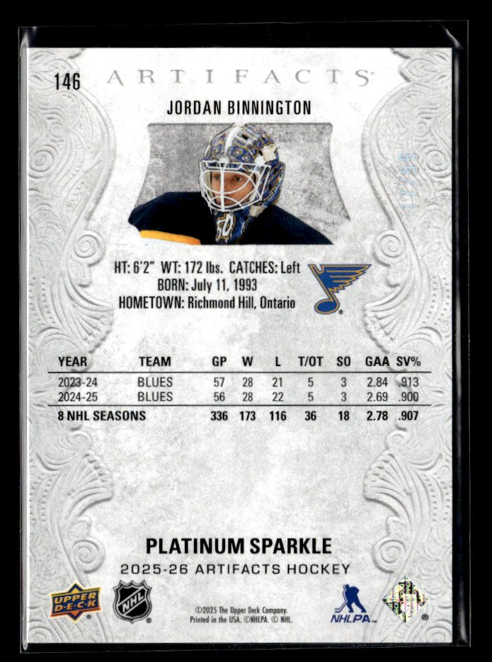 2025-26 Upper Deck Artifacts Hockey Platinum Sparkle #146 Jordan Binnington /99 (2)