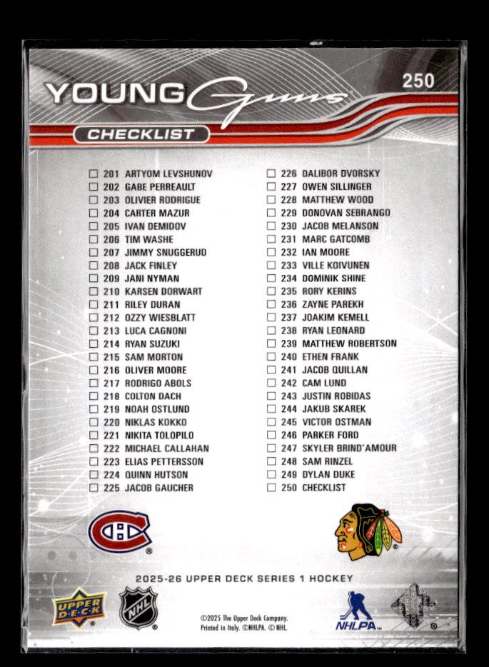 2025-26 UD Series 1 Hockey Young Guns Checklist #250 Demidov / Levshunov (2)