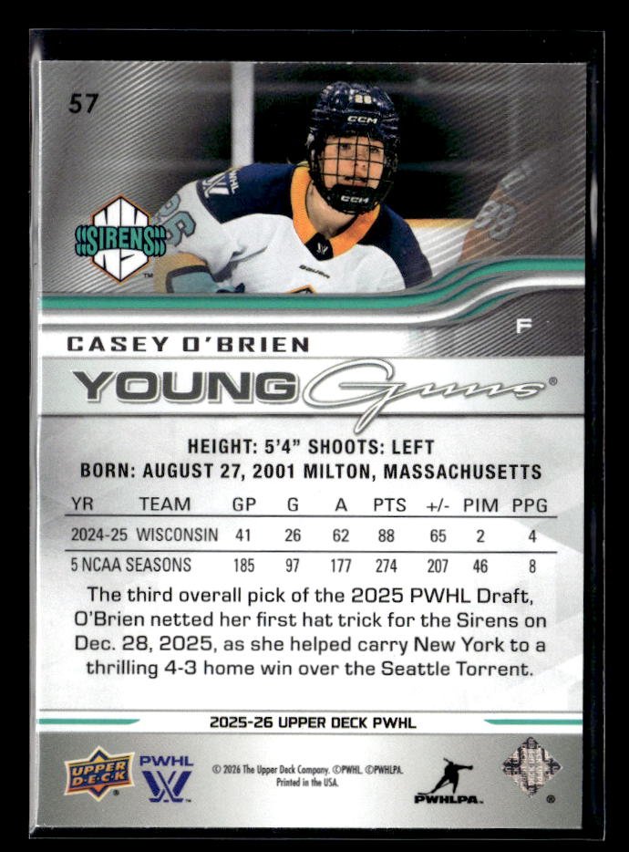 2025-26 Upper Deck PWHL Hockey Young Guns Deluxe Rookie #57 Casey O'Brien /250 (2)
