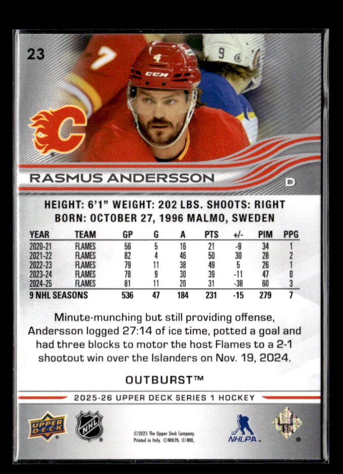 2025-26 Upper Deck Series 1 Hockey Outburst #23 Rasmus Andersson (2)