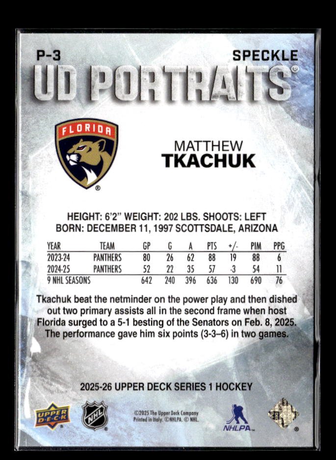 2025-26 Upper Deck Series 1 Hockey Portraits Speckle #P-3 Matthew Tkachuk (2)