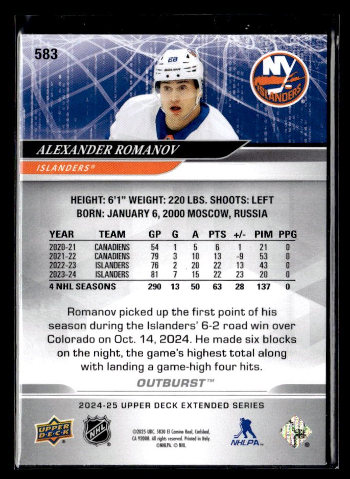 2024-25 Upper Deck Extended Series Hockey Outburst Silver #583 Alexander Romanov (2)