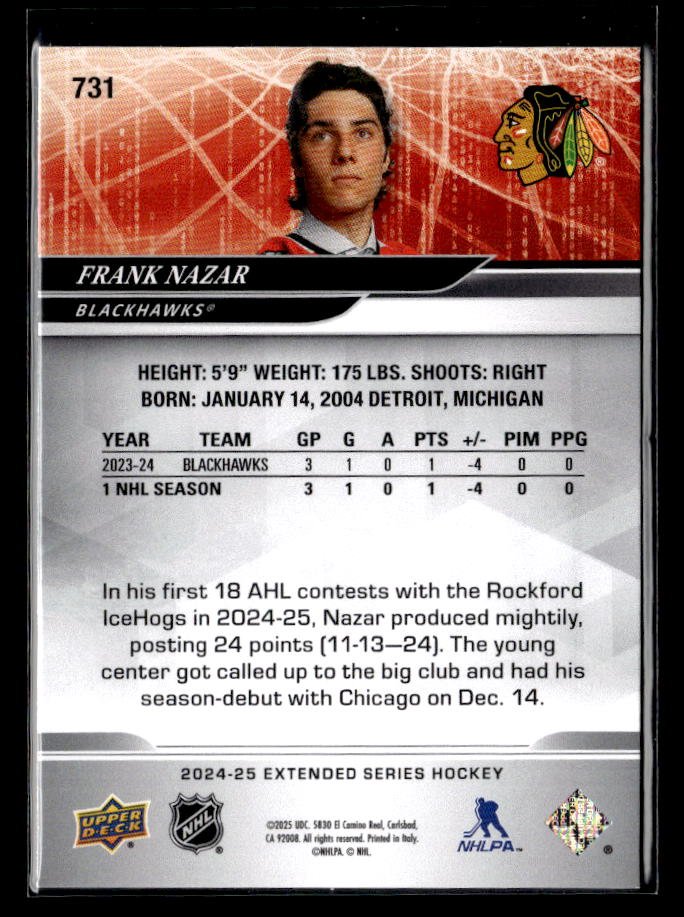 2024-25 Upper Deck Extended Series Hockey 1st Round Rookie Frank Nazar RC (2)
