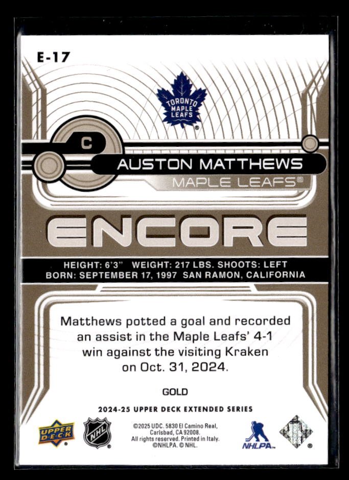 2024-25 Upper Deck Extended Series Hockey Encore Gold #E-17 Auston Matthews (2)