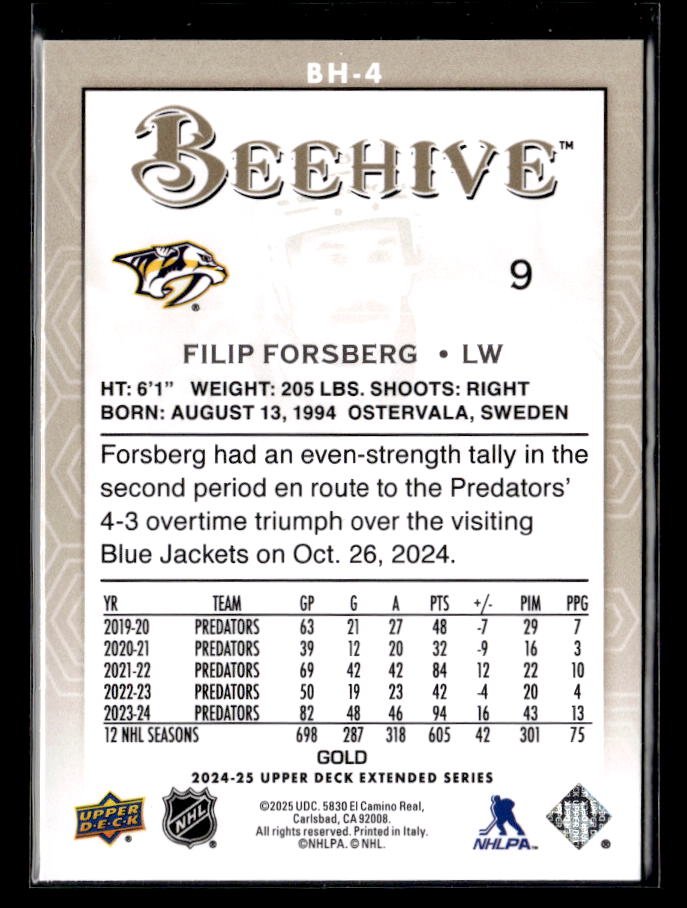 2024-25 Upper Deck Extended Series Hockey Beehive Gold #BH-4 Filip Forsberg (2)