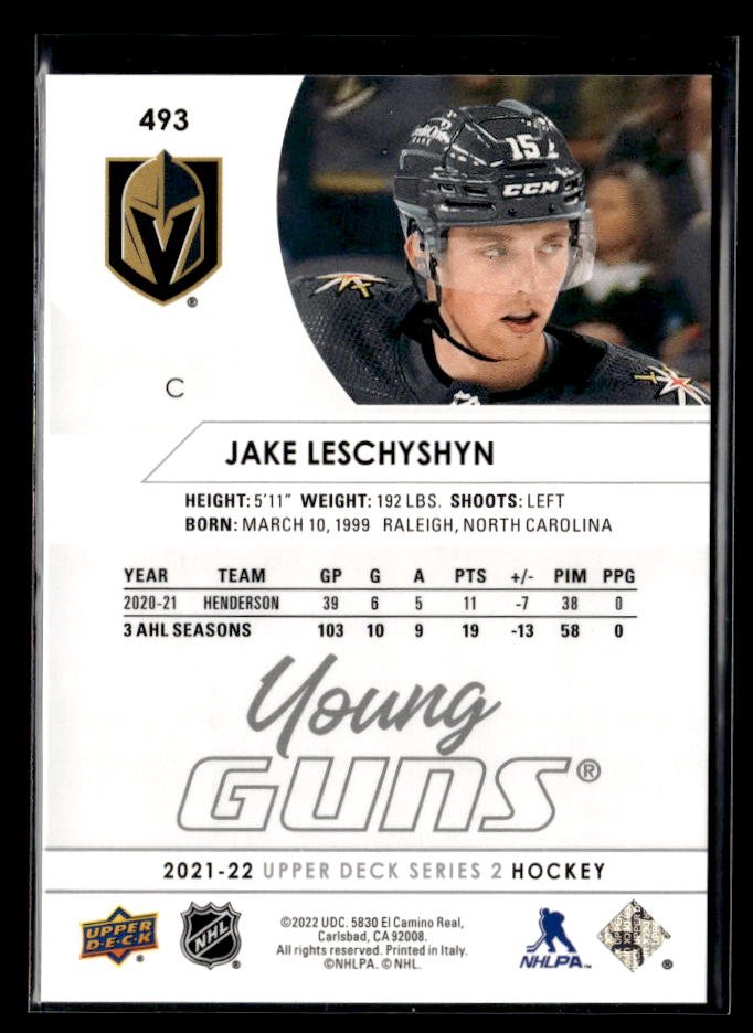 2021-22 Upper Deck Series 2 Hockey Young Guns Rookie #493 Jake Leschyshyn (2)